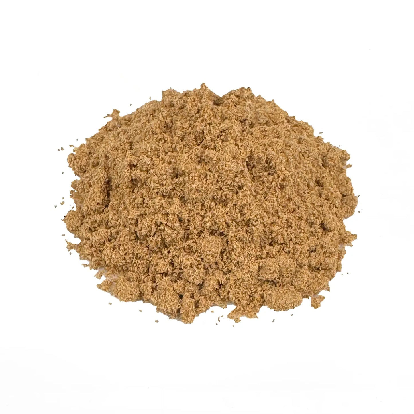 Ein kleiner Haufen Bio Koriander gemahlen. Der Bio-Koriander hat eine braune Farbe. Es sieht sehr lecker aus.