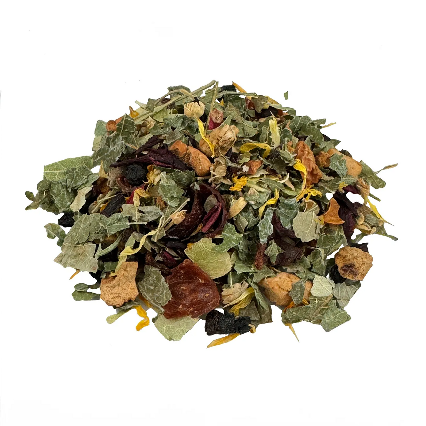 Früchtetee Wildberry Bio. Der Bio-Früchtetee hat eine grüne, orange und bräunliche Farbe. Die einzelnen Zutaten sind gut zu erkennen. Er sieht sehr lecker aus.