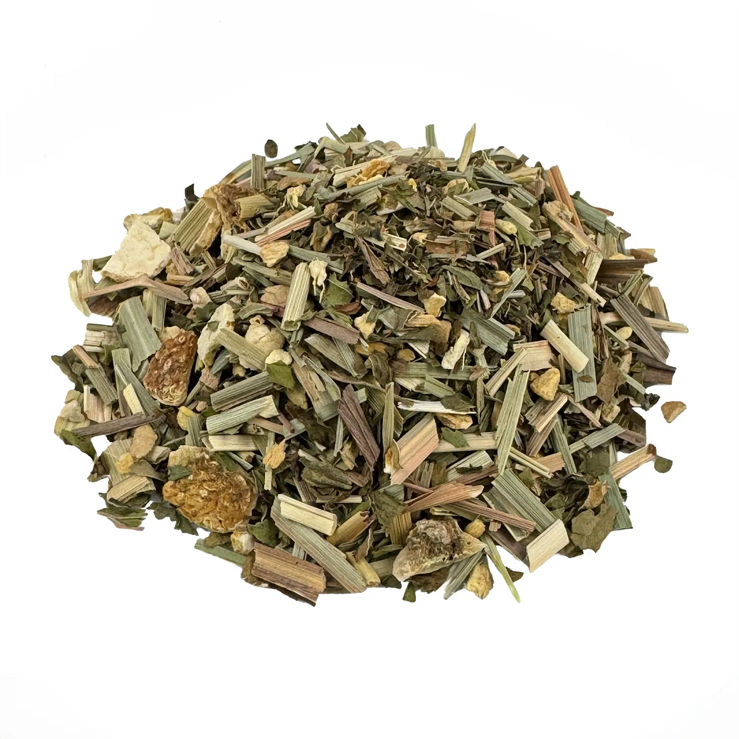 Kräutertee Ingwer Lemon Bio. Der Bio-Kräutertee hat eine grüne, orange und gelbliche Farbe. Die einzelnen Zutaten sind gut zu erkennen. Er sieht sehr lecker aus.