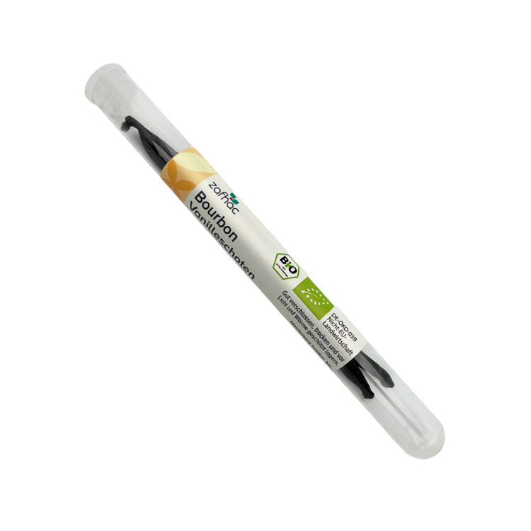 Das Bild zeigt die verpackten Bio Bourbon Vanilleschoten. Die Verpackung besteht aus einem Reagenzglas.