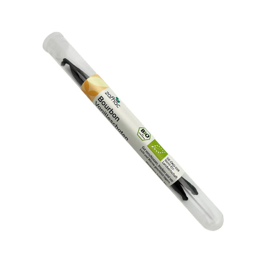 Das Bild zeigt die verpackten Bio Bourbon Vanilleschoten. Die Verpackung besteht aus einem Glas.