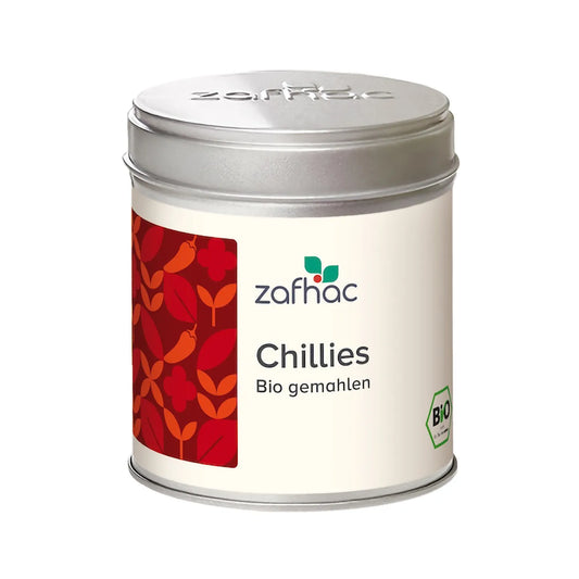 Metalldose mit zafhac Deckel und Aufschrift „Chillies Bio gemahlen“