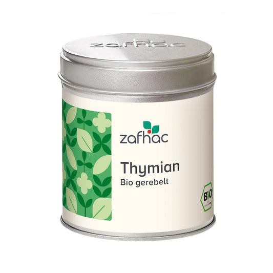 Metalldose mit zafhac Deckel und Aufschrift „Thymian Bio gerebelt“