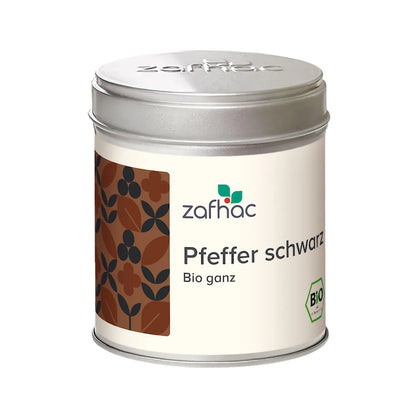 Metalldose mit zafhac Deckel und Aufschrift „Pfeffer schwarz Bio ganz“