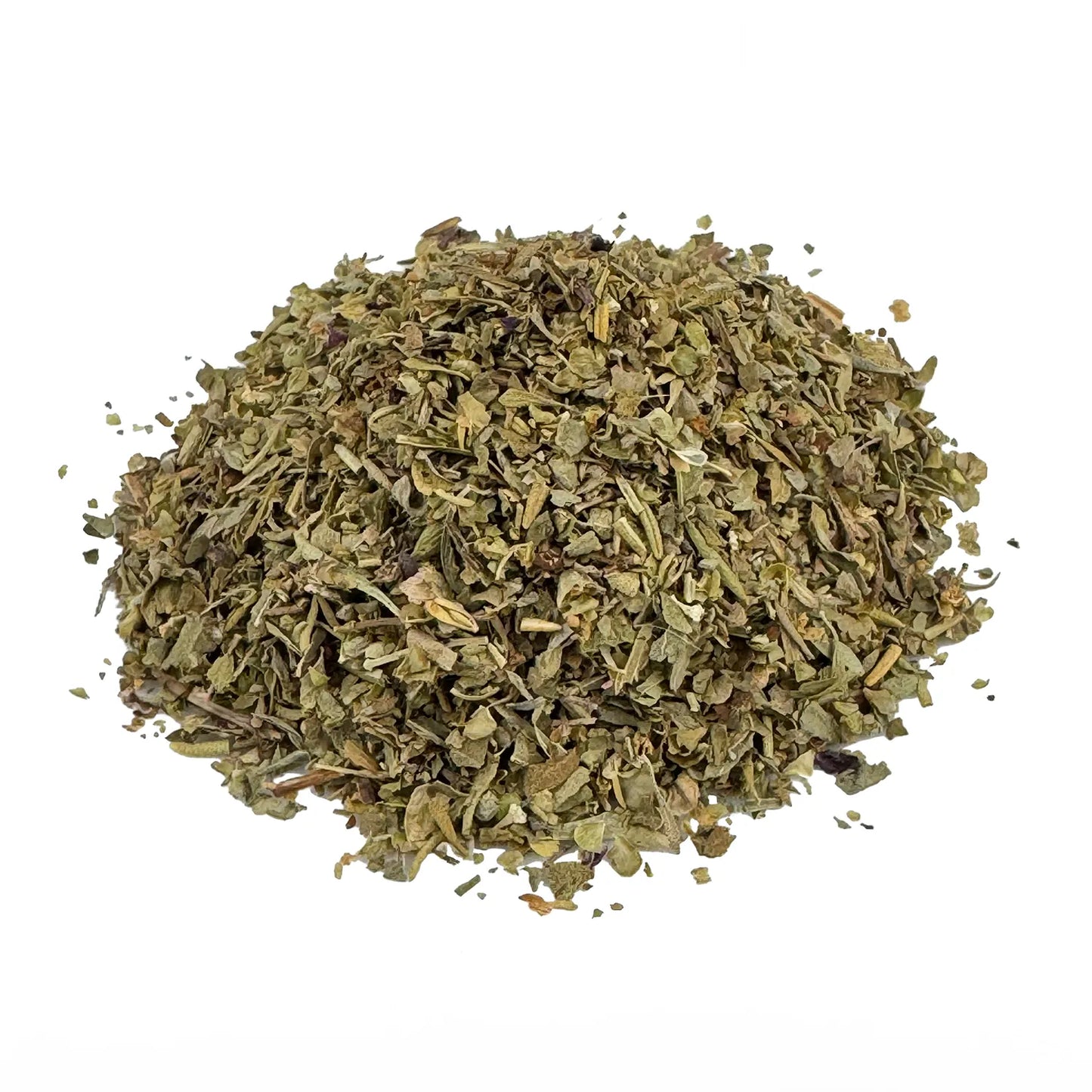 Ein kleiner Haufen Italienische Kräuter Bio. Die Bio Kräuter- und Gewürzmischung hat eine grüne Farbe. Die Zutaten sind gut zu erkennen. Es sieht sehr lecker aus.