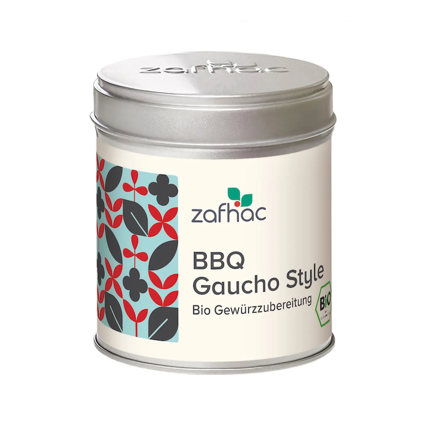 Metalldose mit zafhac Deckel und Aufschrift „BBQ Gaucho Style Bio Gewürzzubereitung“