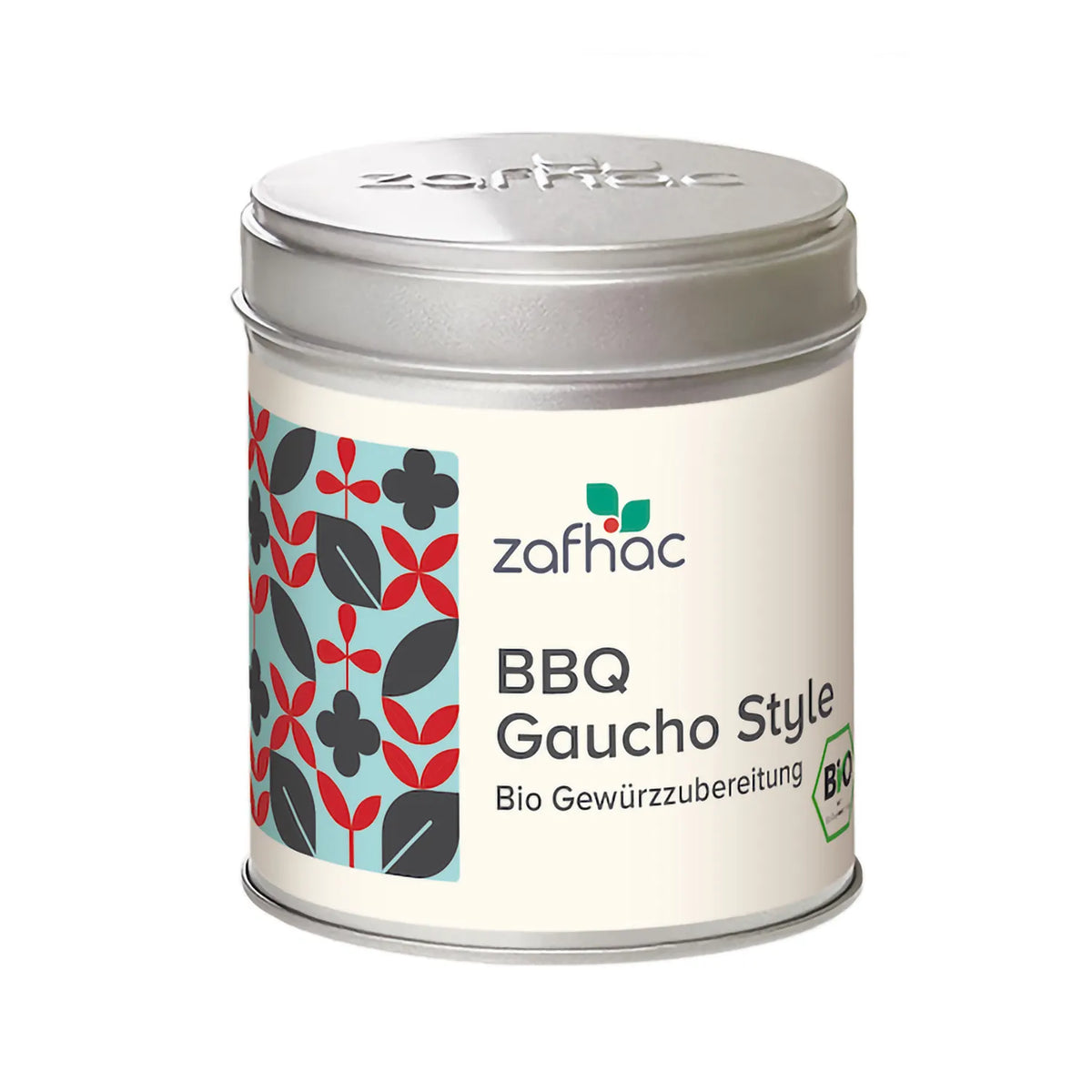 Metalldose mit zafhac Deckel und Aufschrift „BBQ Gaucho Style Bio Gewürzzubereitung“