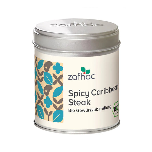 Metalldose mit zafhac Deckel und Aufschrift „Spicy Caribbean Steak Bio Gewürzzubereitung“