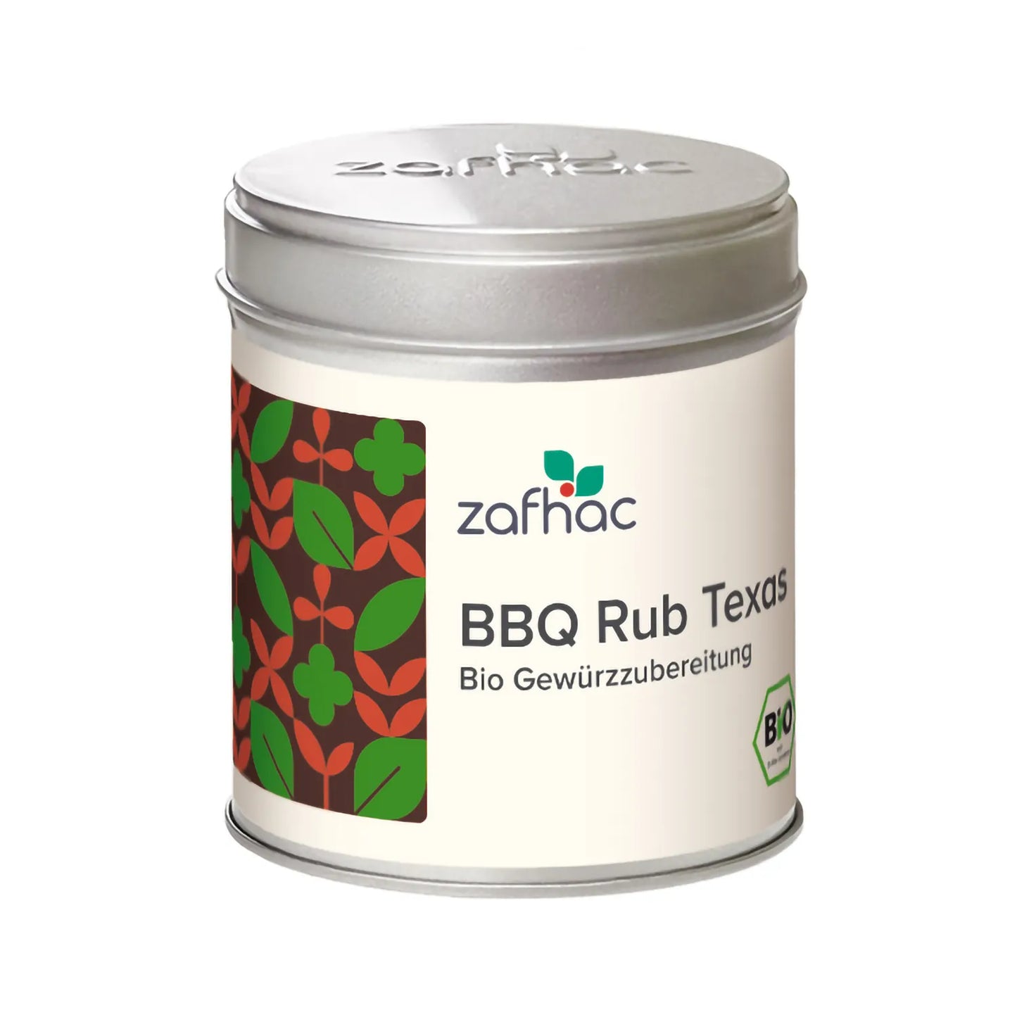 Metalldose mit zafhac Deckel und Aufschrift „BBQ Rub Texas Bio Gewürzzubereitung“