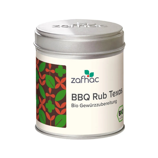 Metalldose mit zafhac Deckel und Aufschrift „BBQ Rub Texas Bio Gewürzzubereitung“