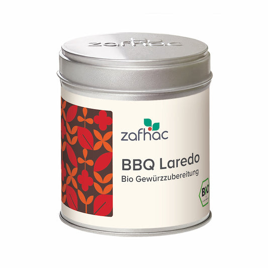 Metalldose mit zafhac Deckel und Aufschrift „BBQ Laredo Bio Gewürzzubereitung“