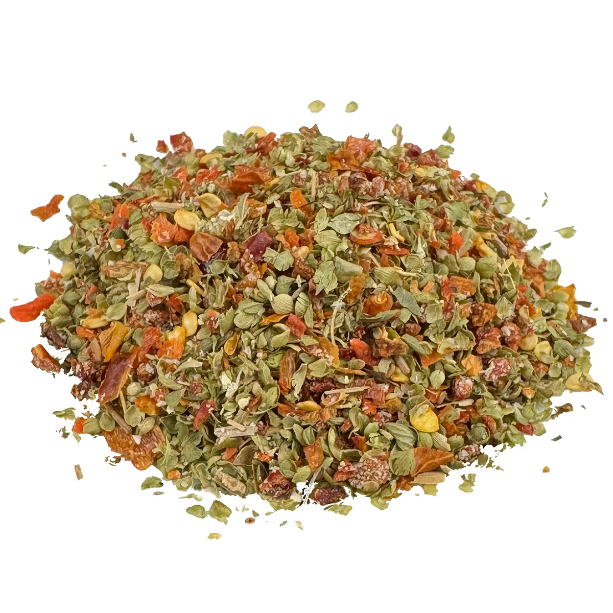 Ein kleiner Haufen Hot Bandito Dip Bio Gemüse- und Gewürzzubereitung. Die Bio Gemüse- und Gewürzzubereitung hat eine grüne und orange Farbe. Die Zutaten sind gut zu erkennen. Es sieht sehr lecker aus.