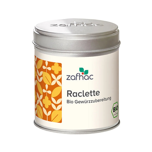 Metalldose mit zafhac Deckel und Aufschrift „Raclette Bio Gewürzzubereitung“