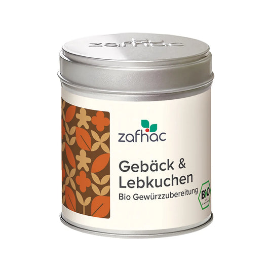 Metalldose mit zafhac Deckel und Aufschrift „Gebäck & Lebkuchen Bio Gewürzzubereitung“