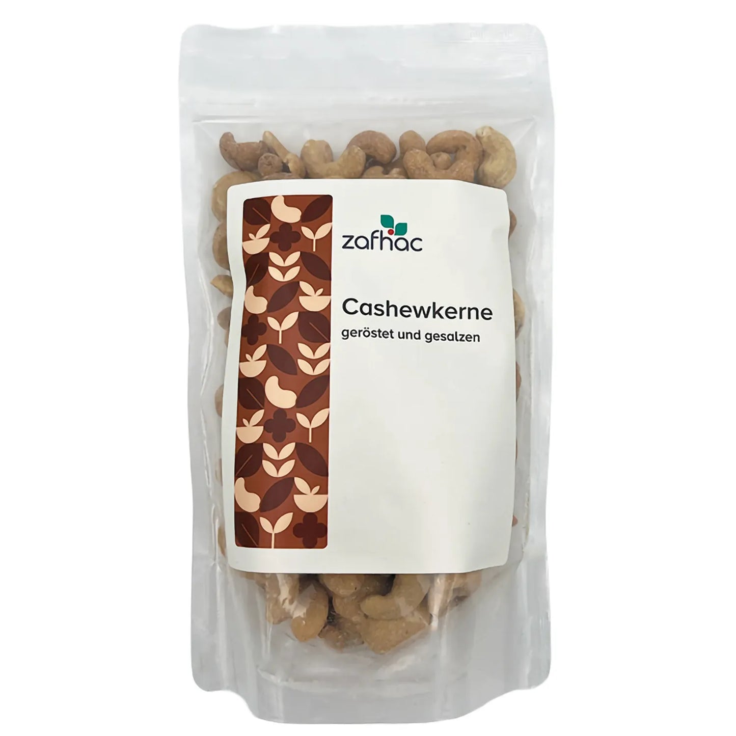 Durchsichtige Verpackung mit Aufschrift „Cashewkerne geröstet und gesalzen"