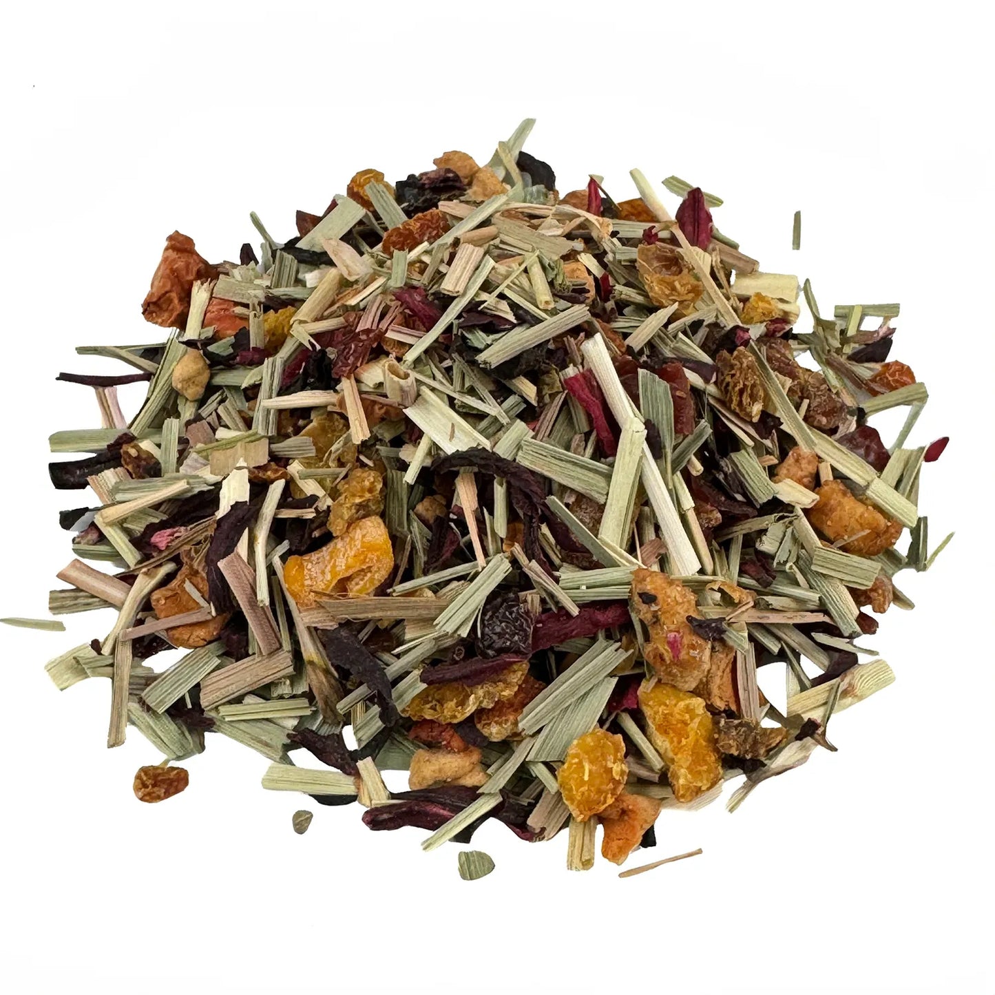 Früchtetee Leckere Früchte Bio. Der Bio-Früchtetee hat eine grüne, orange und rote Farbe. Die einzelnen Zutaten sind gut zu erkennen. Er sieht sehr lecker aus.