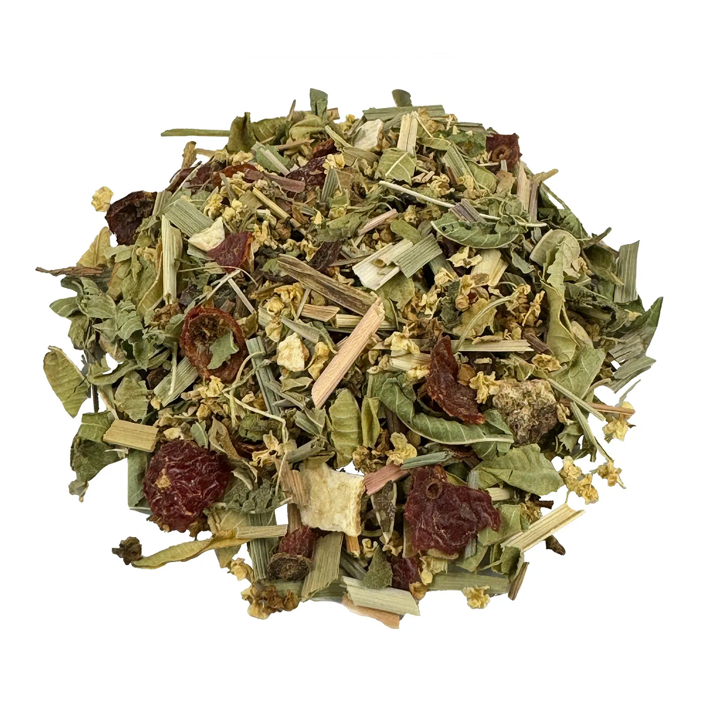 Kräutertee Flieder Lemon Bio. Der Bio-Kräutertee hat eine grüne, gelbe und weinrote Farbe. Die Zutaten sind gut zu erkennen. Er sieht sehr lecker aus.