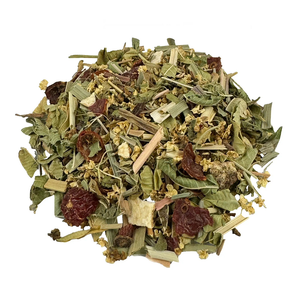 Kräutertee Flieder Lemon Bio. Der Bio-Kräutertee hat eine grüne, gelbe und weinrote Farbe. Die Zutaten sind gut zu erkennen. Er sieht sehr lecker aus.