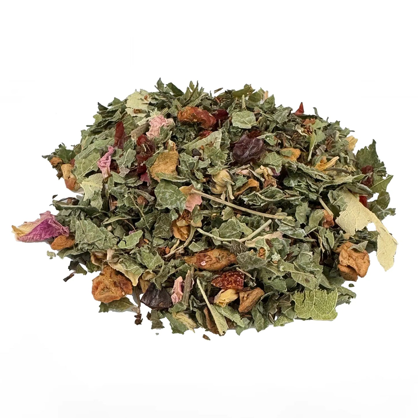 Kräutertee Harmonie & Entspannung Bio. Der Bio-Kräutertee hat eine grüne, orange und gelbe Farbe. Die einzelnen Zutaten sind gut zu erkennen. Er sieht sehr lecker aus.