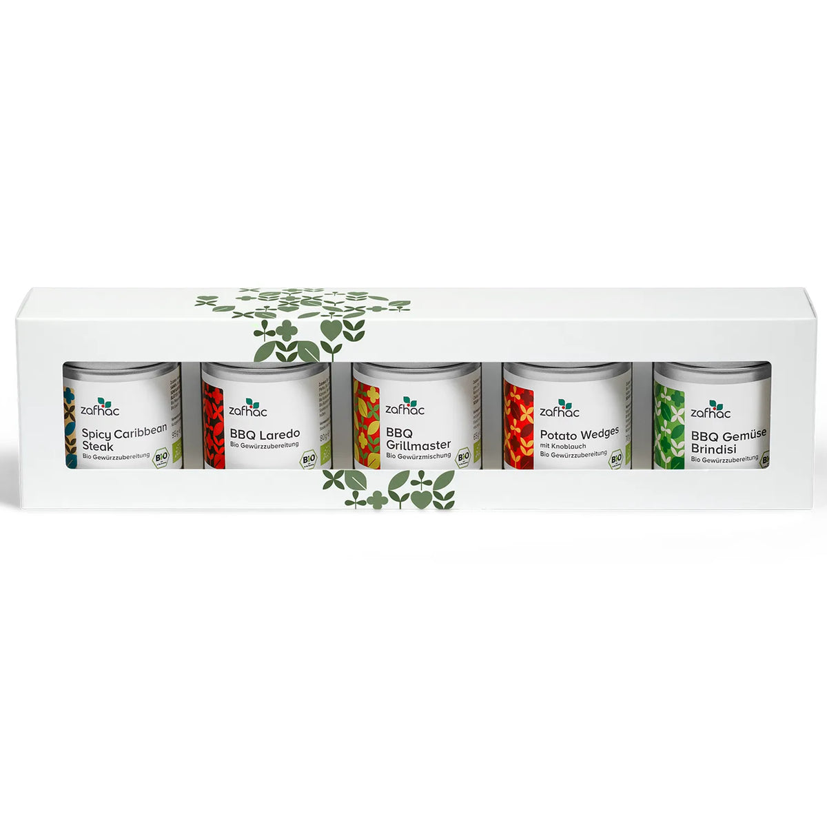 zafhac Geschenkset Grillmeister mit fünf Bio-Grillgewürzen in einer Geschenkverpackung.