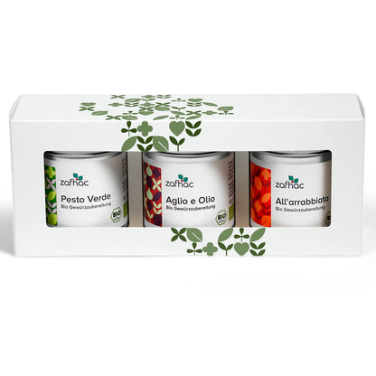 zafhac Pasta-Geschenkset mit den Bio-Gewürzen Pesto Verde, Aglio e Olio und All’arrabbiata in einer Geschenkverpackung.