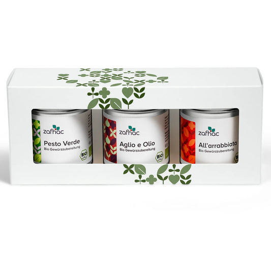 zafhac Pasta-Geschenkset mit den Bio-Gewürzen Pesto Verde, Aglio e Olio und All’arrabbiata in einer Geschenkverpackung.