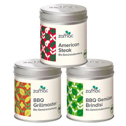 Grill-Gewürz-Set mit „American Steak“, „BBQ Grillmaster“ und „BBQ Gemüse Brindisi“.