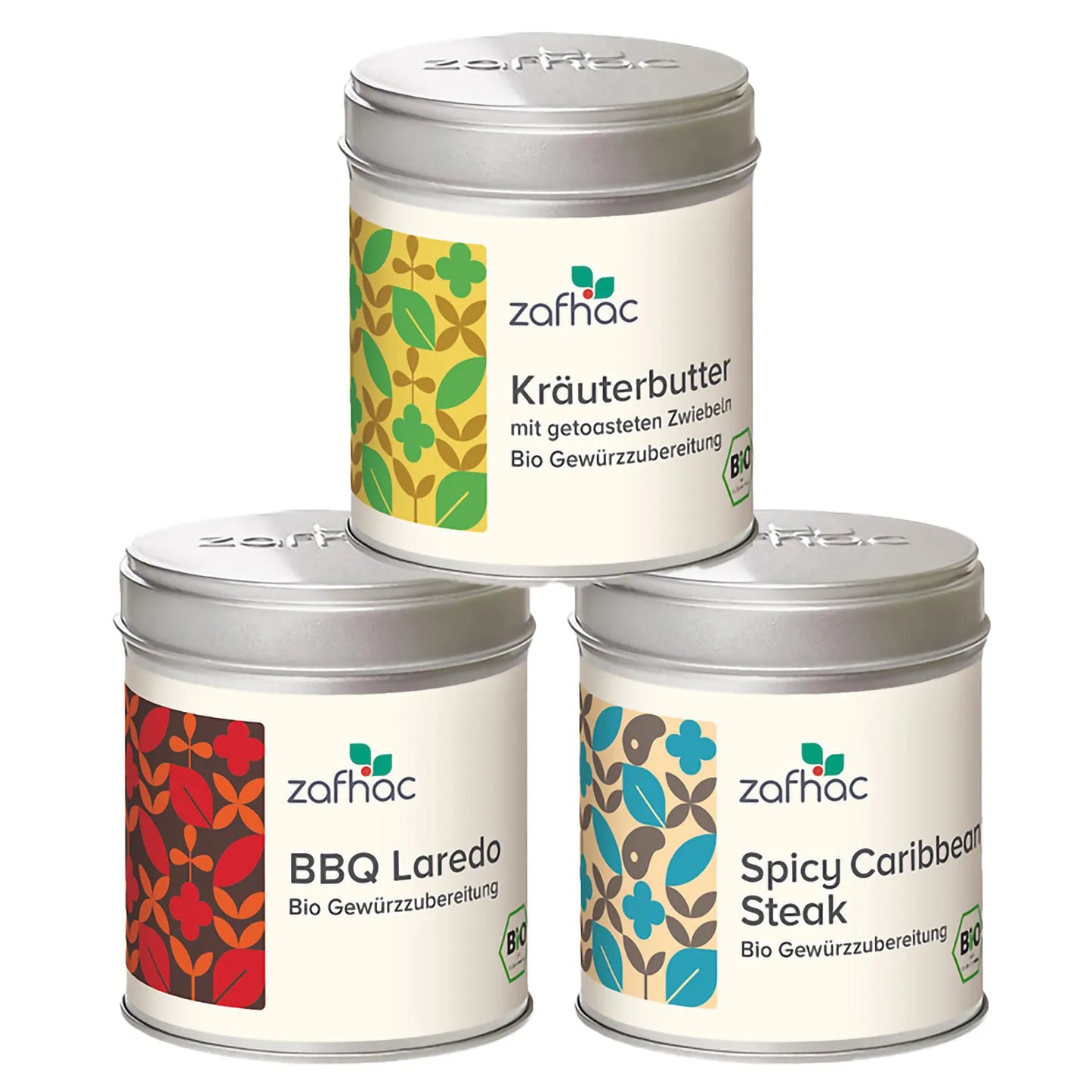 Grill-Gewürz-Set mit „Kräuterbutter mit getoasteten Zwiebeln“, „BBQ Laredo“ und „Spicy Caribbean Steak“.
