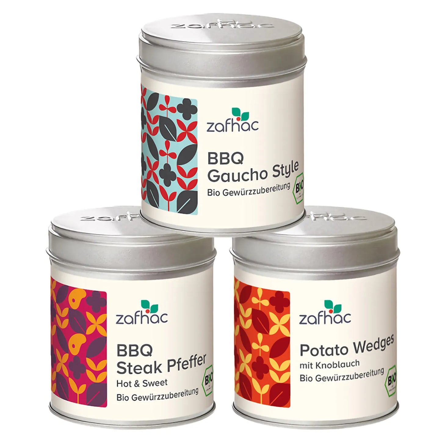 Grill-Gewürz-Set mit „BBQ Gaucho Style“, „BBQ Steak Pfeffer“ und „Potato Wedges mit Knoblauch“.