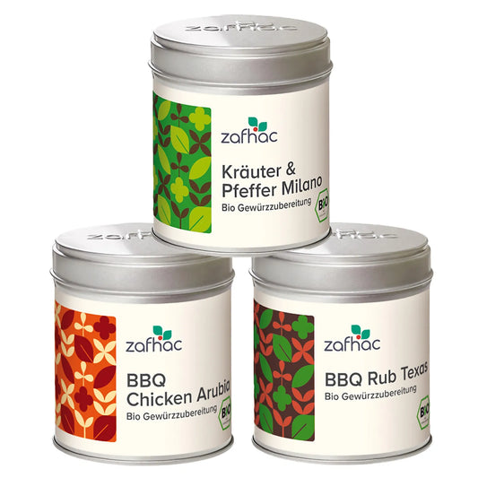 Grill-Gewürz-Set mit „BBQ Kräuter & Pfeffer Milano“, „BBQ Chicken Arubia“ und „BBQ Rub Texas“.