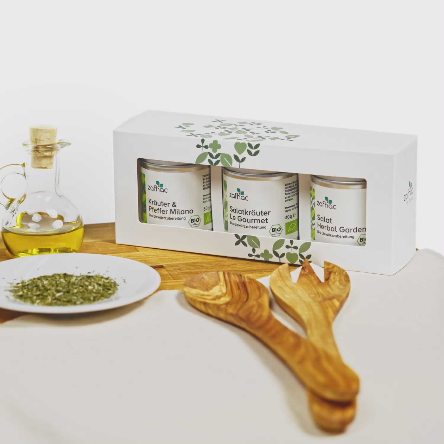 zafhac Salat Bio-Gewürz-Geschenkset mit Kräuter & Pfeffer Milano, Salatkräuter Le Gourmet und Salat Herbal Garden, dekoriert mit Kräutern, Öl und Salatbesteck